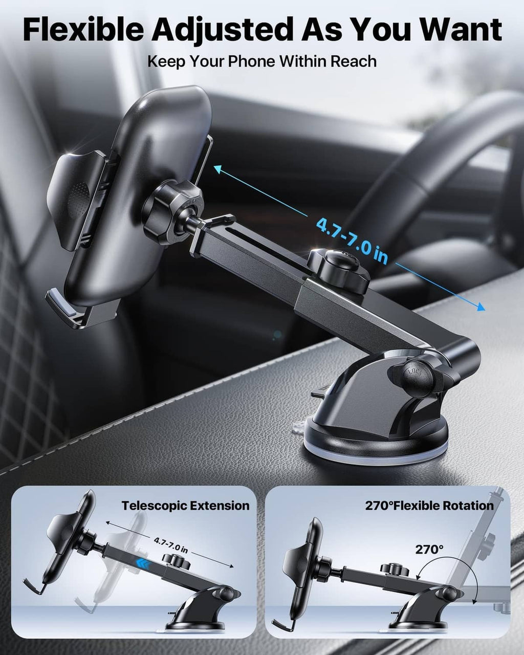 Adjustable car phone holder with telescopic arm and 270° flexible rotation