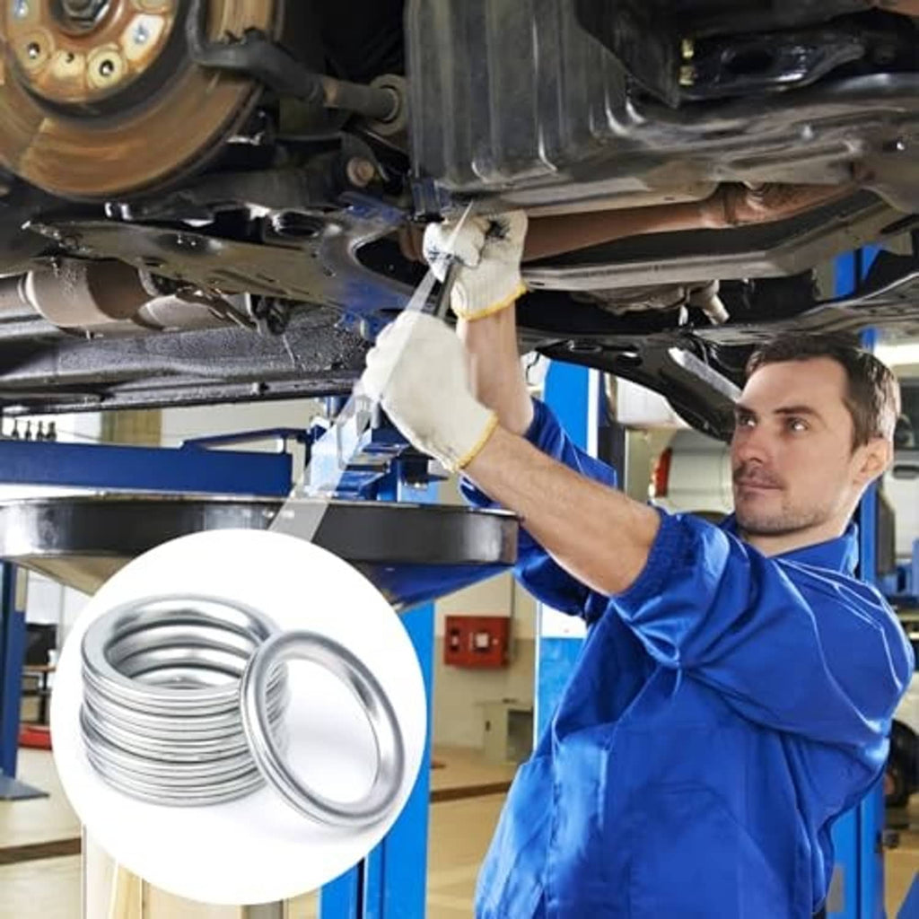 Oil drain plug crush washer stack with detail inset, silver metal rings