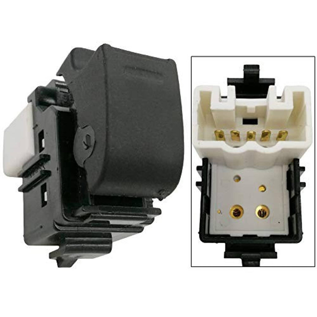 Power window switch with connector terminals, black housing and white plastic base