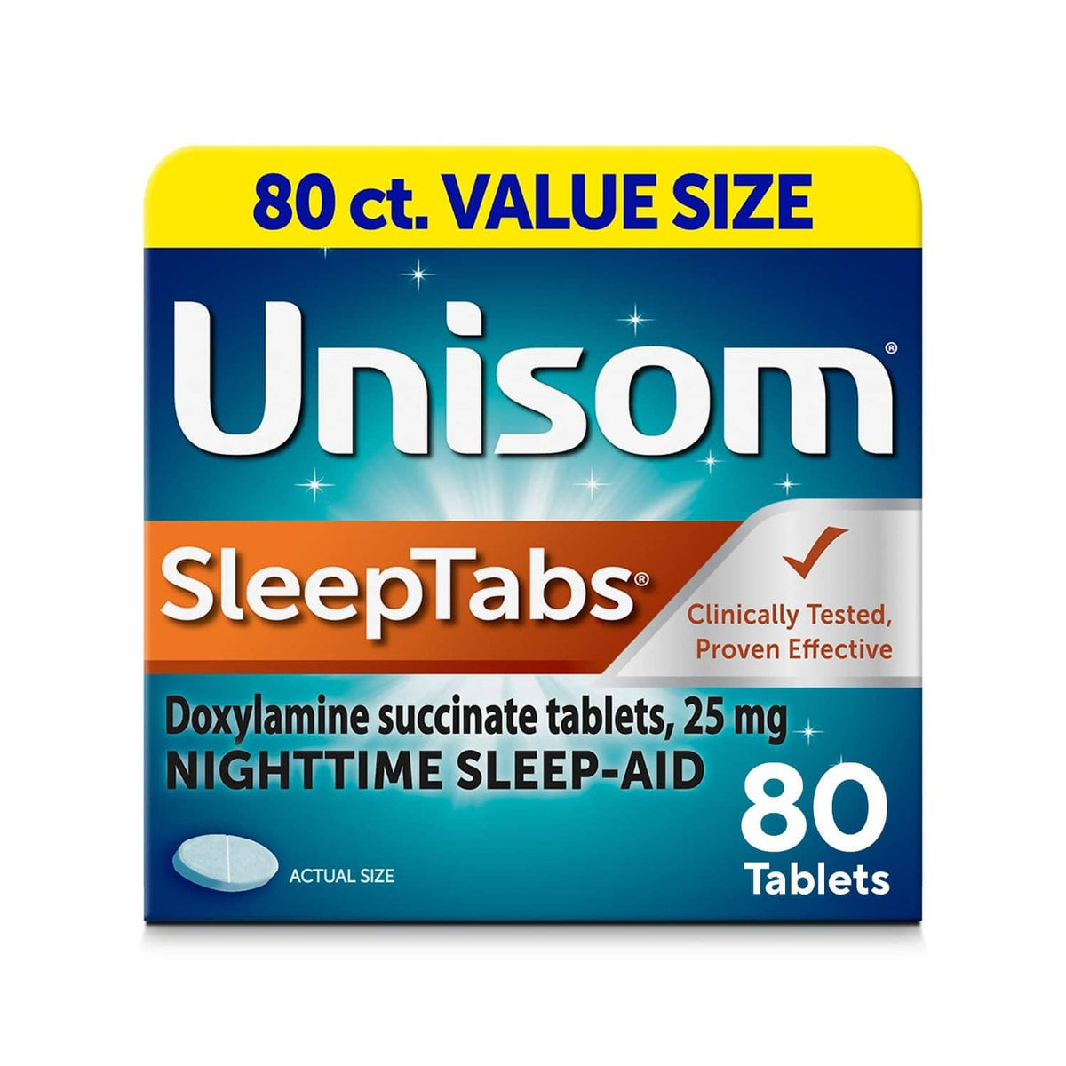 Unisom SleepTabs nighttime sleep-aid tablet box, 80 ct value size