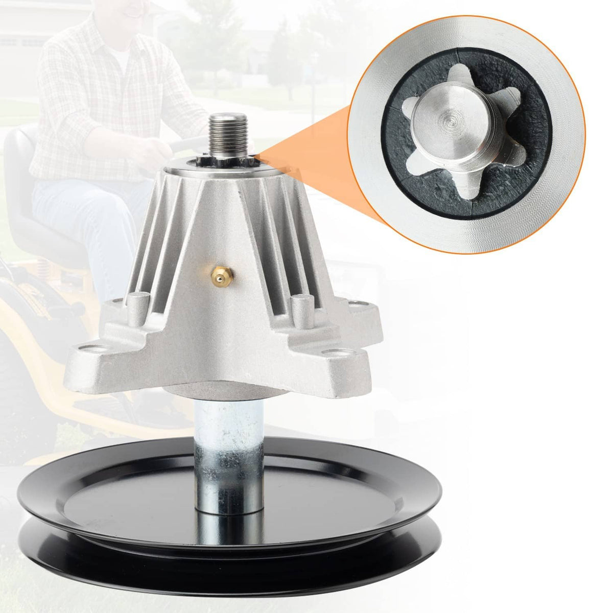 Spindle assembly with black pulley and silver housing, close-up angled view