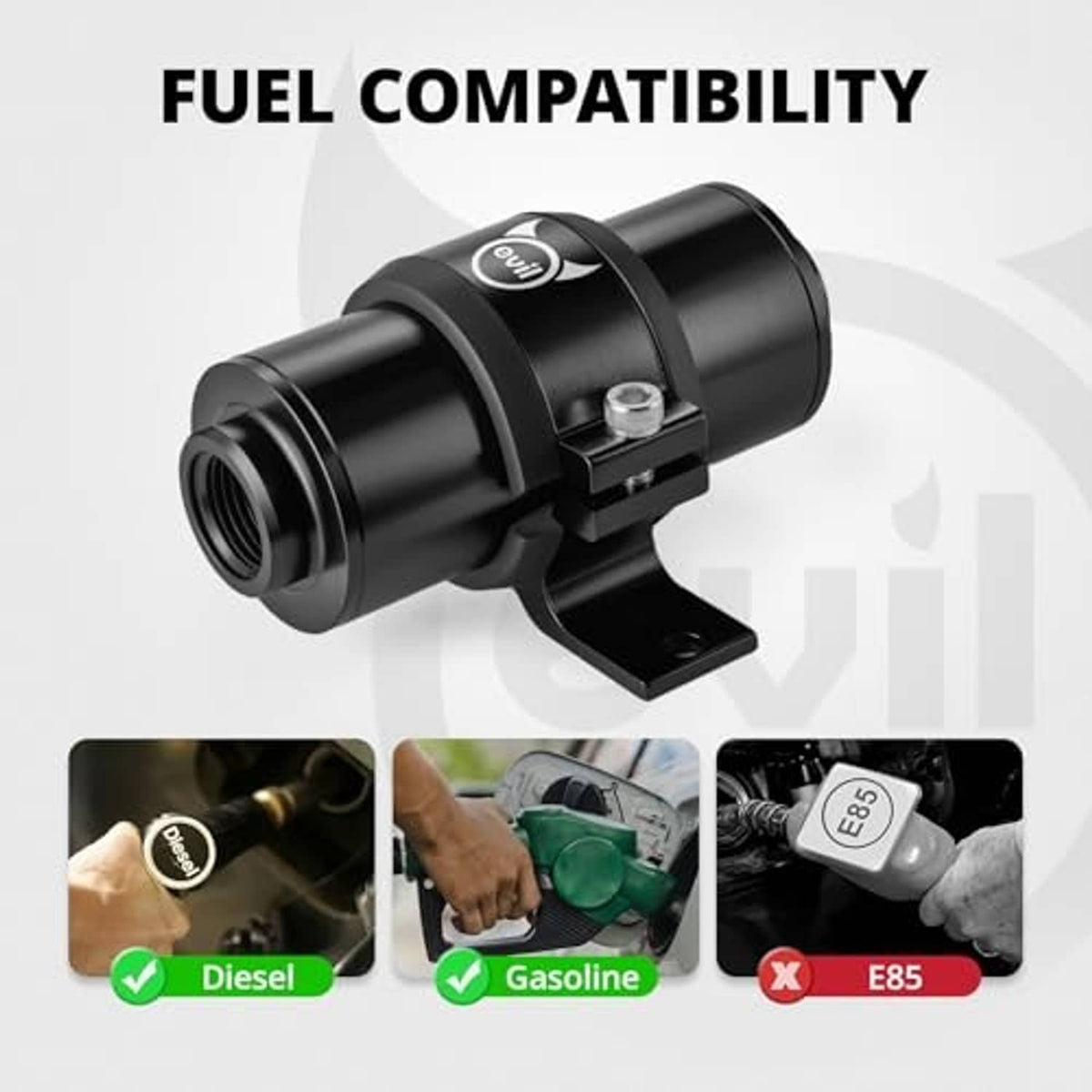 Black inline fuel filter with clamp mount and threaded inlet/outlet for compatible fuels