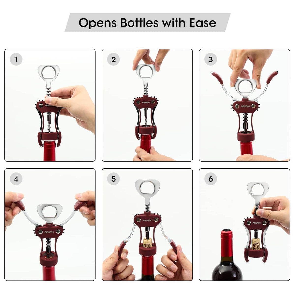 Purple wing corkscrew with step-by-step use panels and hands holding the bottle