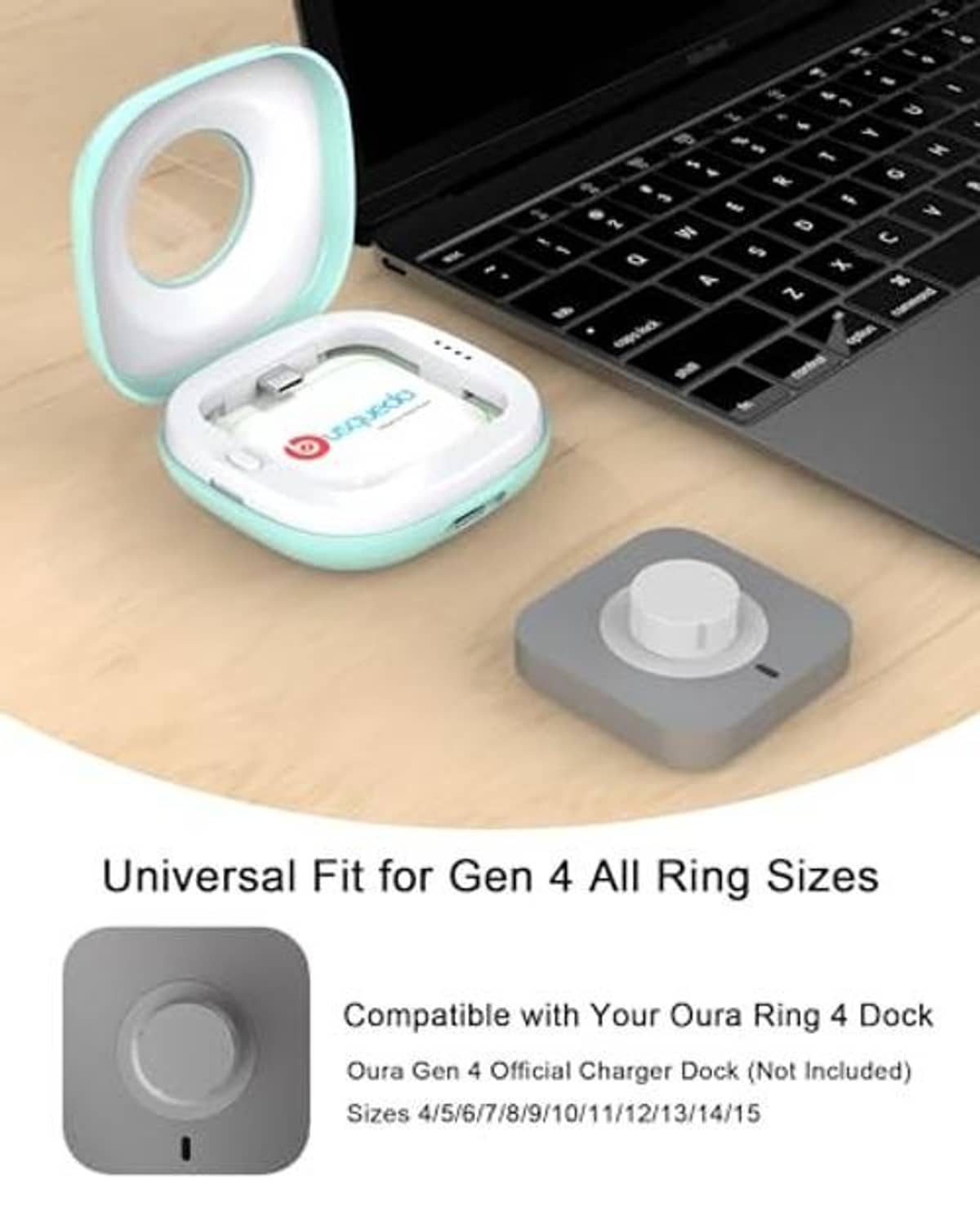 Teal and white portable charging case on desk with open lid and charging dock