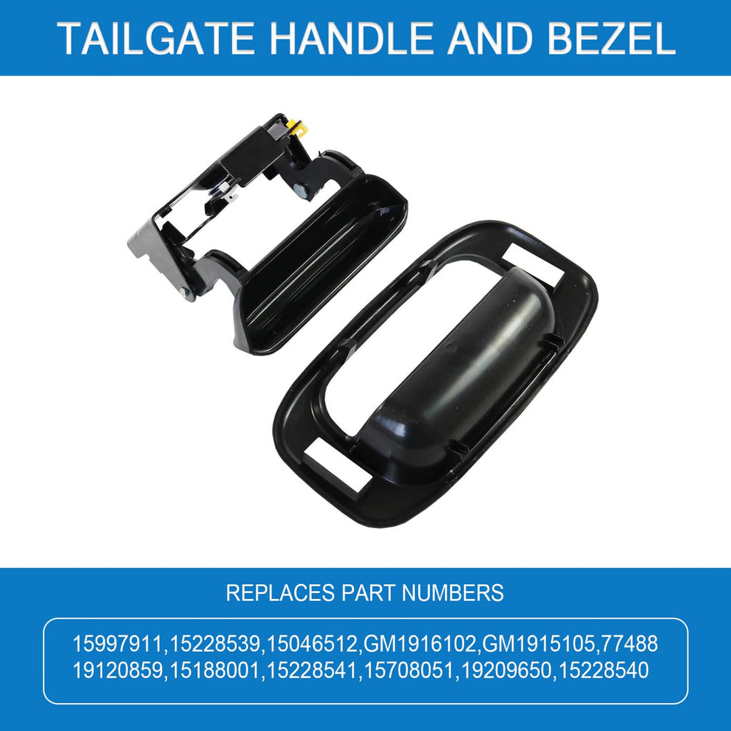 Exploded view of black tailgate handle and bezel with latch base and yellow clip