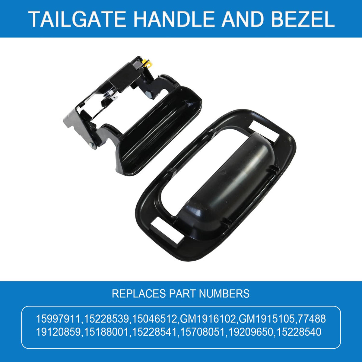 Exploded view of black tailgate handle and bezel with latch base and yellow clip