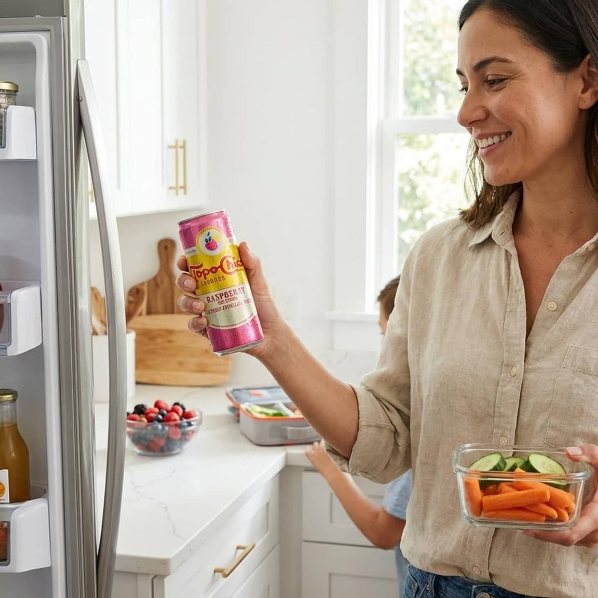 Topo Chico Sabores passion fruit flavored sparkling water can being taken from the fridge