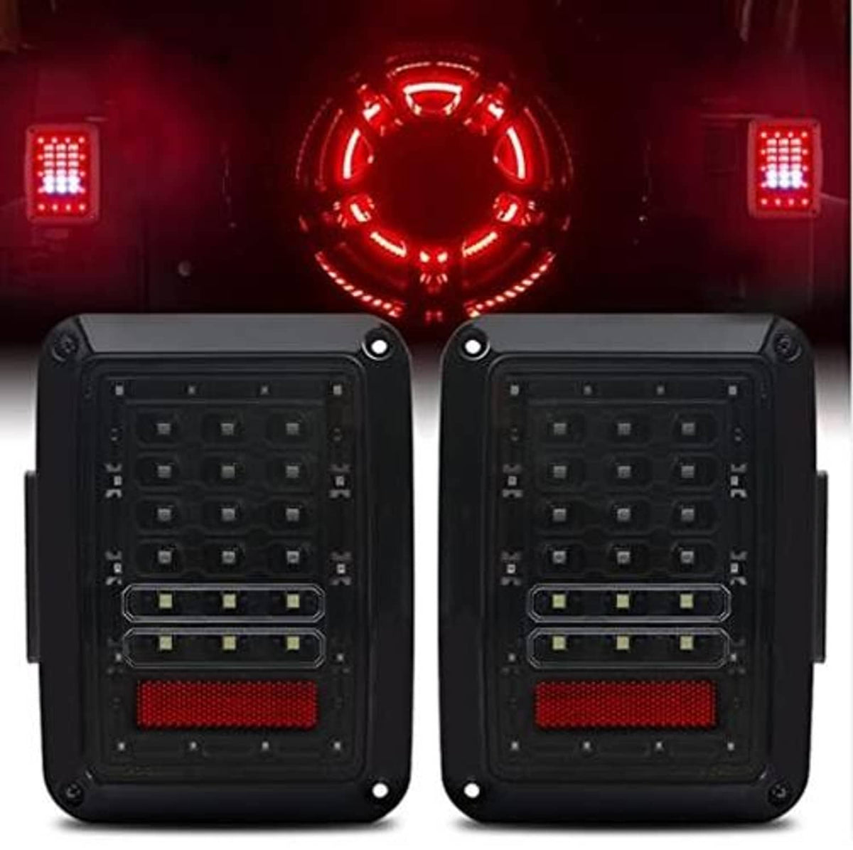 LED tail light pair with red light patterns, black housings and clear lens