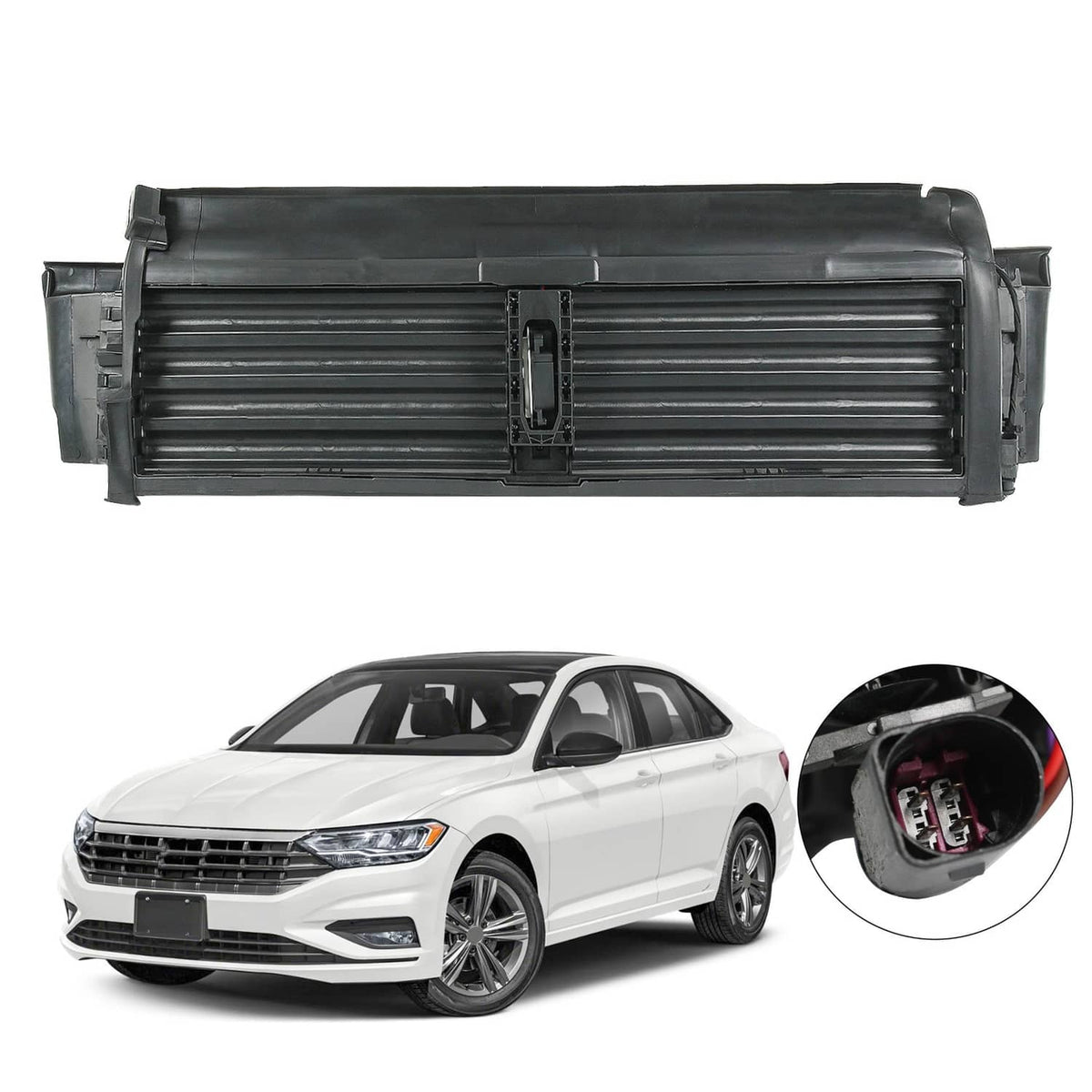 Black active grille shutter assembly with motor actuator and horizontal slats
