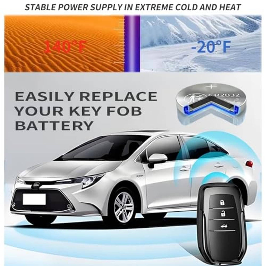 Key fob battery replacement graphic with CR2032 coin cell and illustrated car key fob