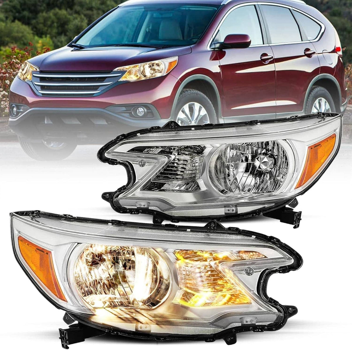 Chrome housing headlights set with clear lenses and amber corners, front view on display
