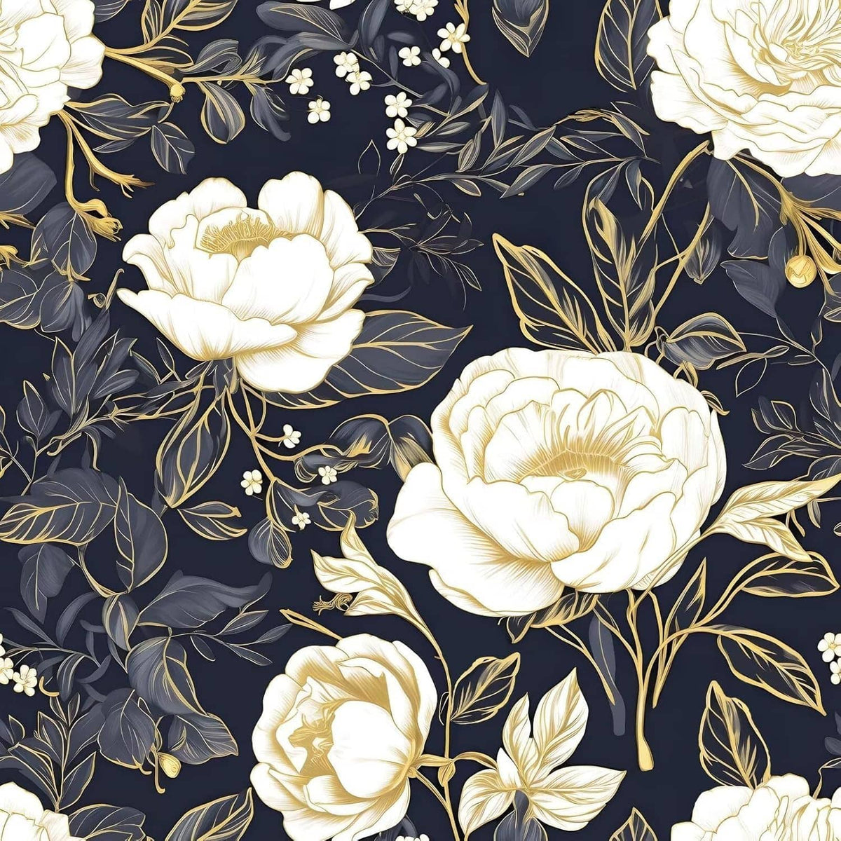 Floral peel-and-stick wallpaper close-up: white peonies and gold botanical leaves on dark blue