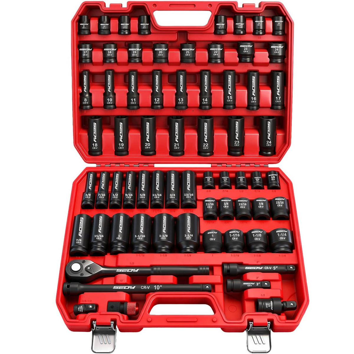 1/2 in drive impact socket set in red hard case with standard and deep sockets