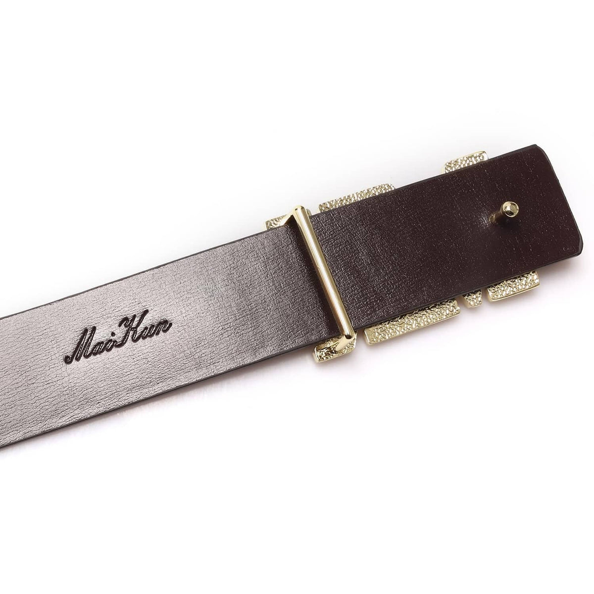 Black leather belt with gold buckle and 'Maikun' logo print on strap