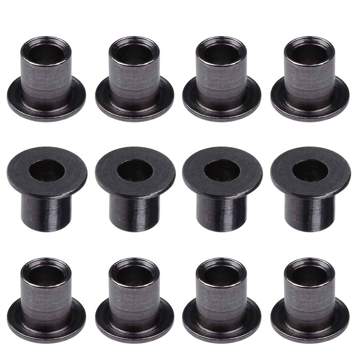 Black steering bushing sleeves with flanged base and center hole, set of 12