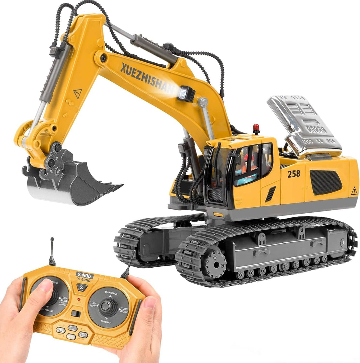 Yellow remote control excavator toy with metal bucket and handheld controller in view