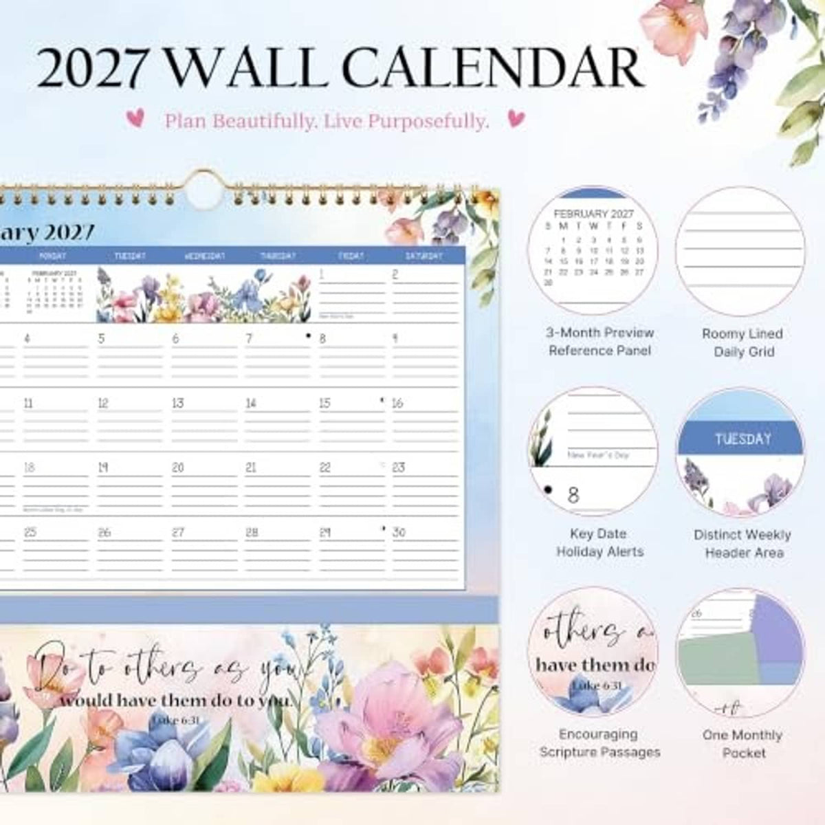 2027 wall calendar with floral pocket design and month preview panels