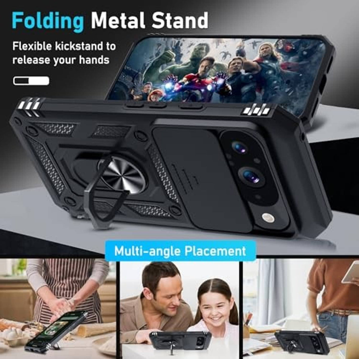 Black rugged phone case with folding metal stand and dual camera cutouts for Pixel 10/10 Pro