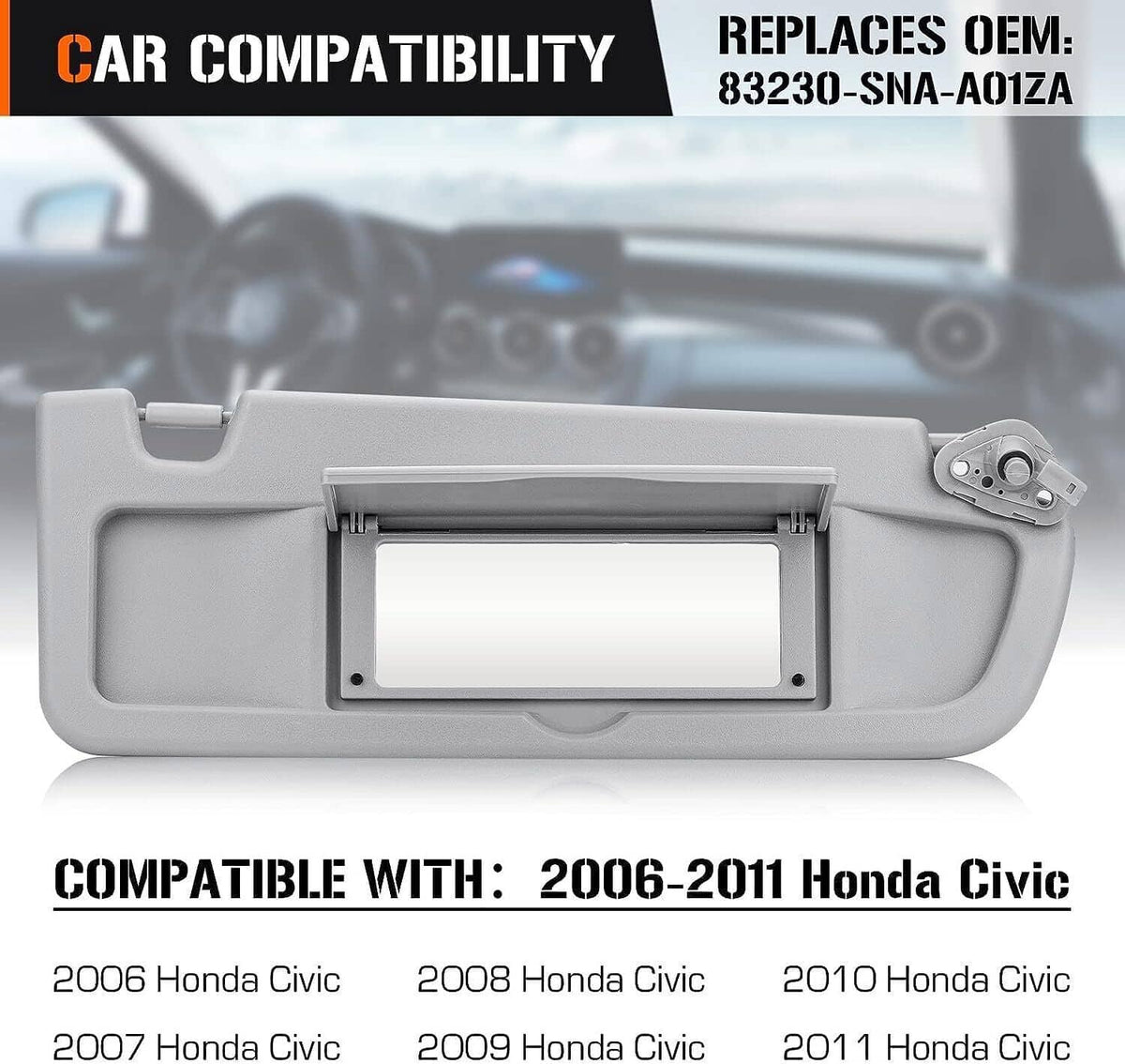 Grey right sun visor with open cutout frame and hinge hardware