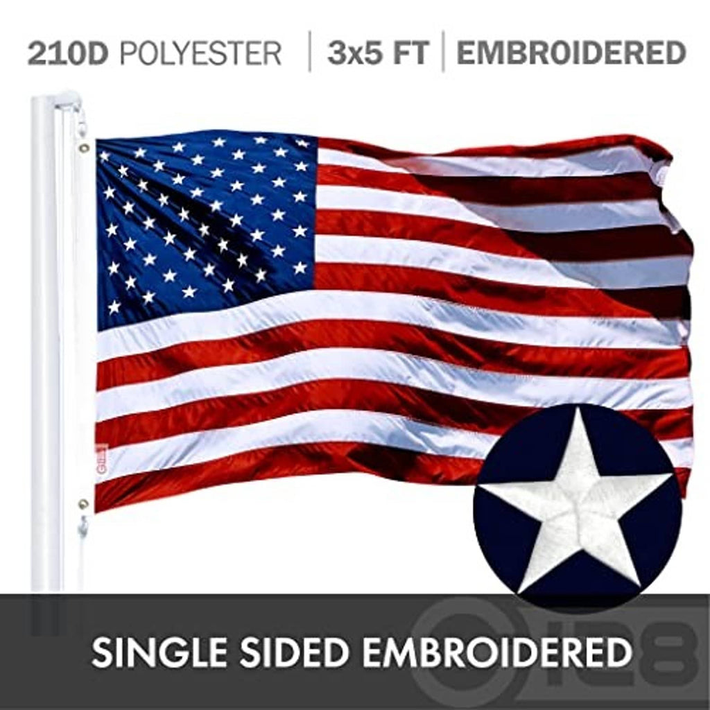 Single sided USA embroidered flag with red stripes, blue field, white star, and brass grommets