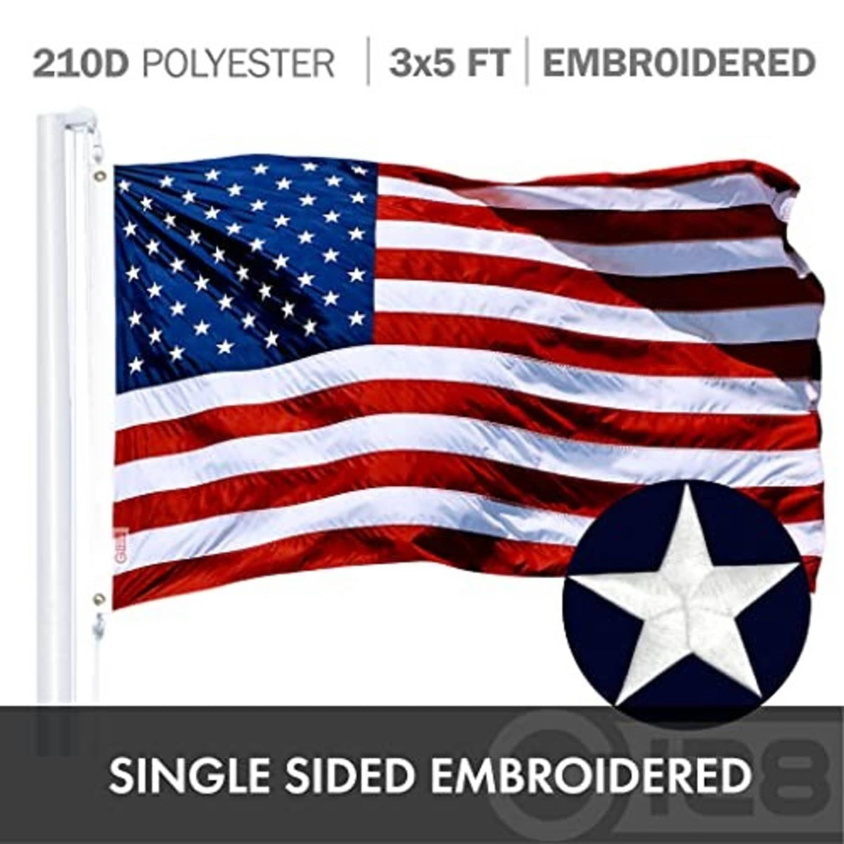 Single sided USA embroidered flag with red stripes, blue field, white star, and brass grommets
