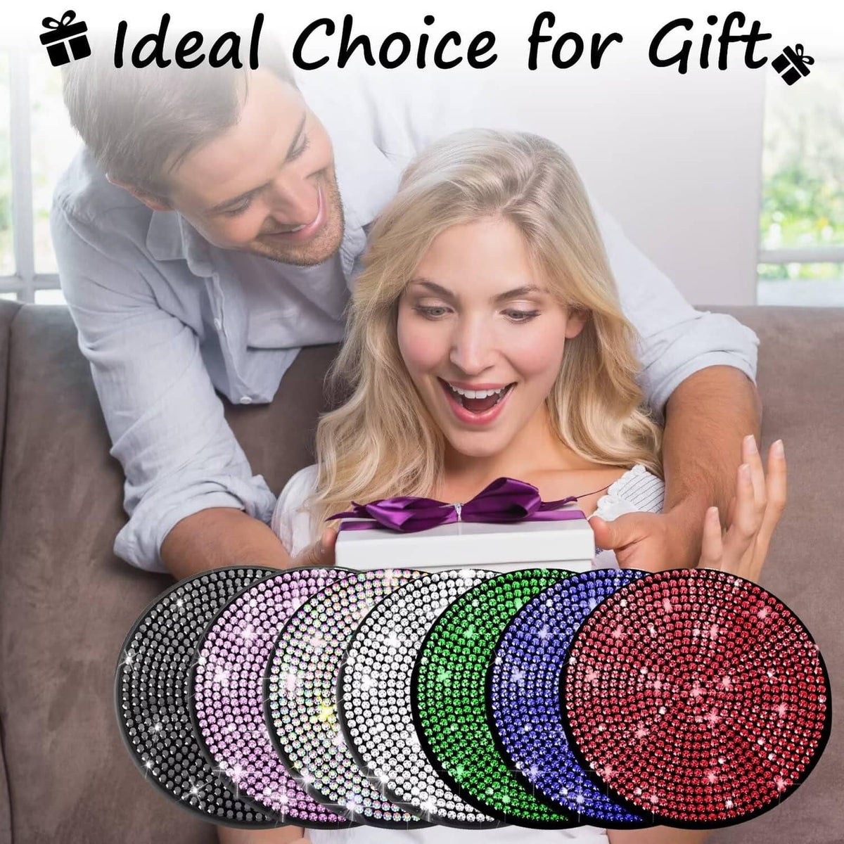Set of round rhinestone cup coasters in multiple colors, including blue