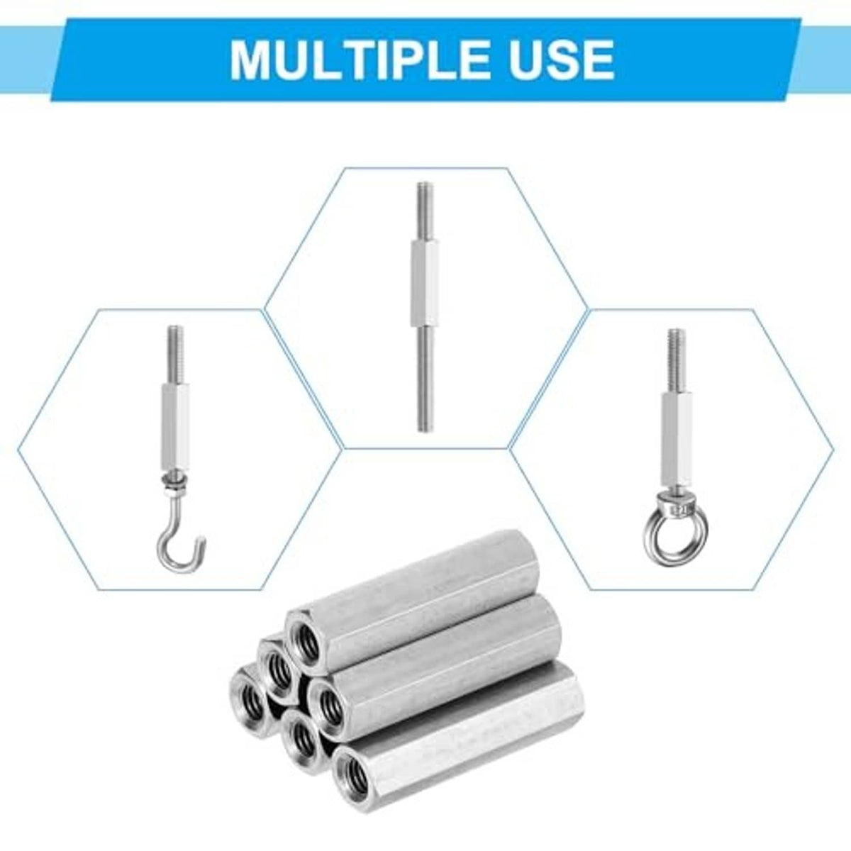 Stainless steel hex coupling nut set for multiple uses, with visible threaded openings