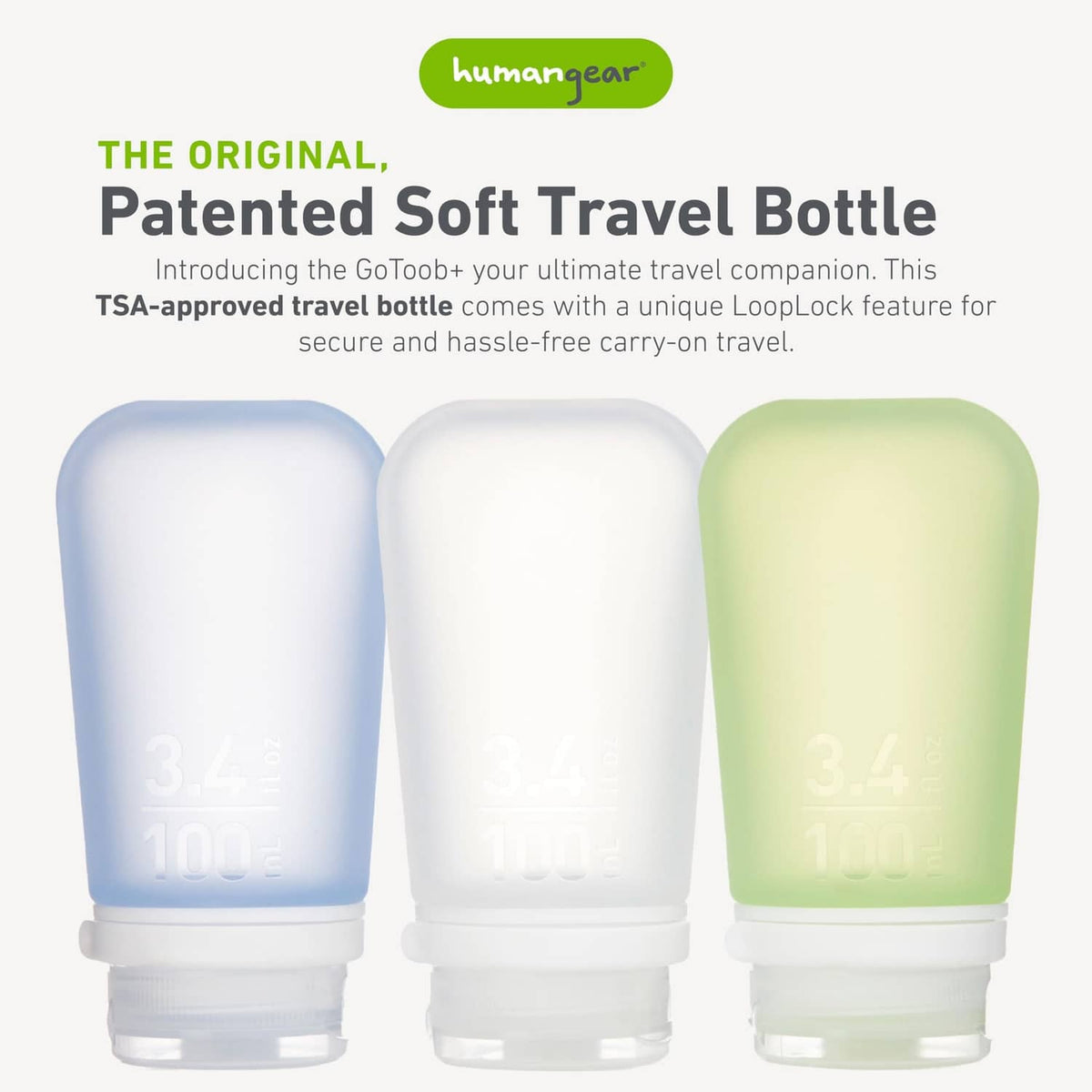 Three refillable silicone travel bottles, blue, white, and light green, closed tops