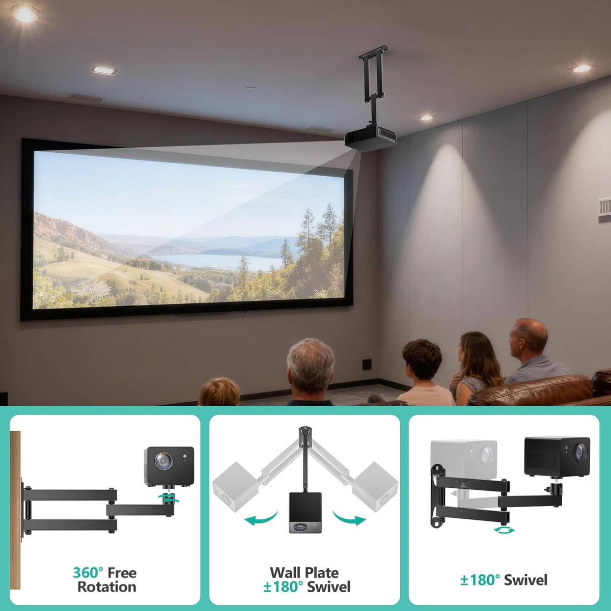 Black projector mount on ceiling with dual arms and centered support pole