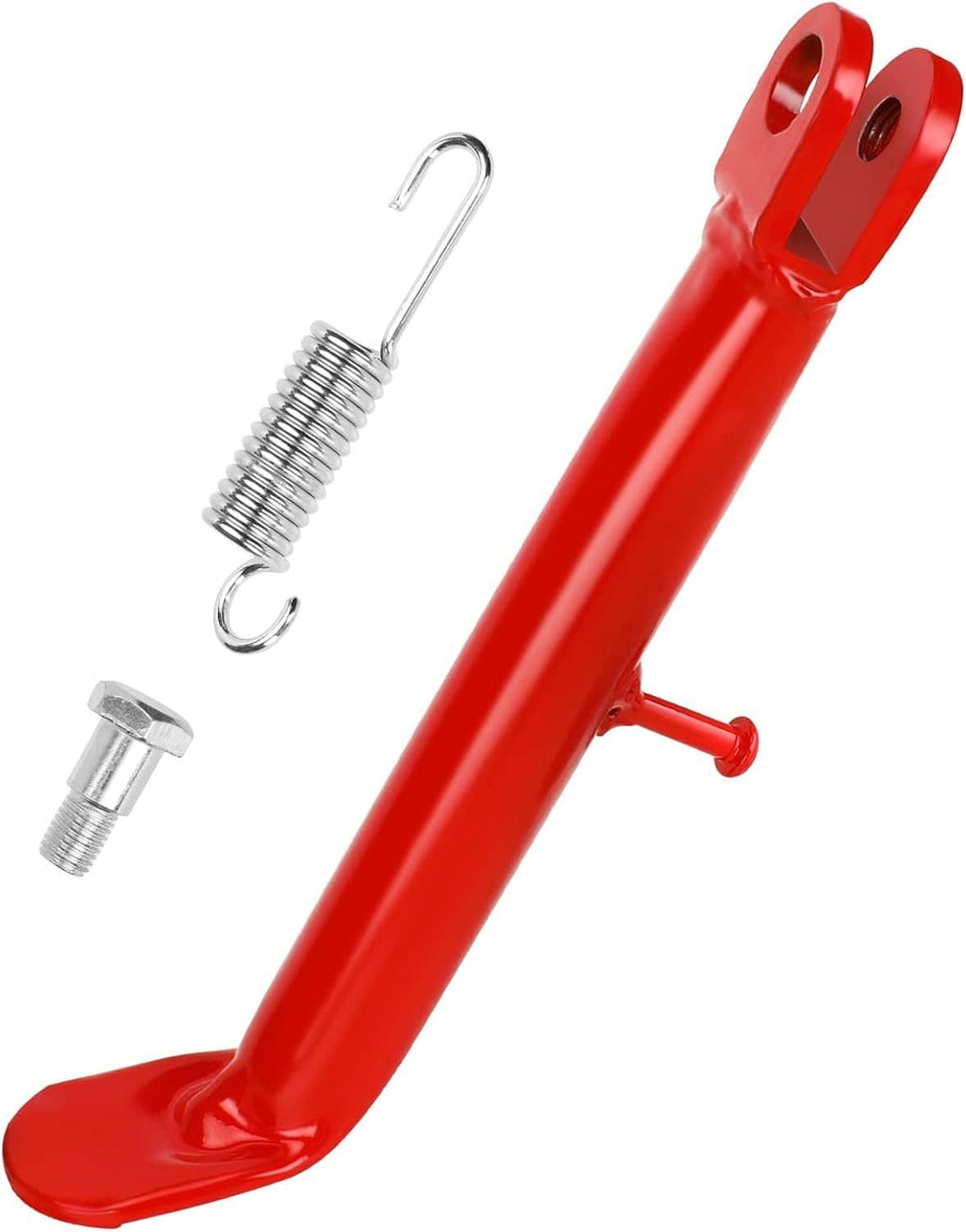 Red mini bike kickstand bracket with spring and mounting screw pieces