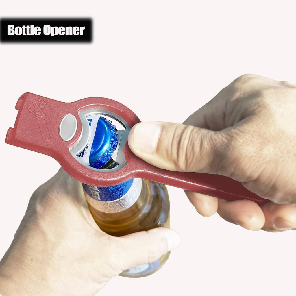 Red bottle opener tool with round bottle-cap lifting notch