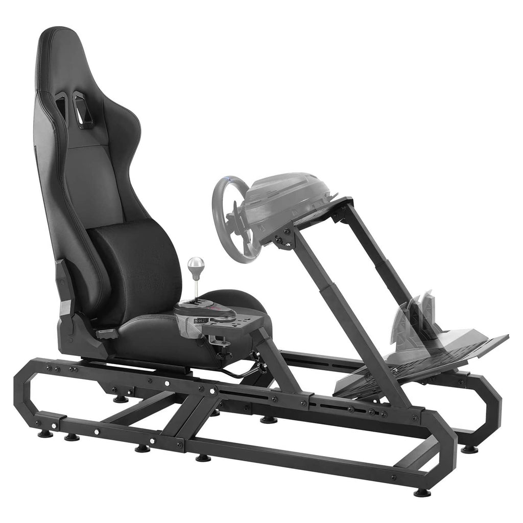 Racing simulator steering wheel stand with black seat and mounted wheel frame