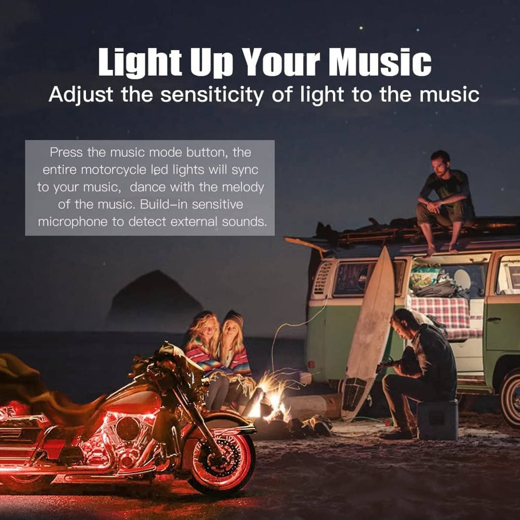Music-synced motorcycle LED underglow kit with adjustable lighting control