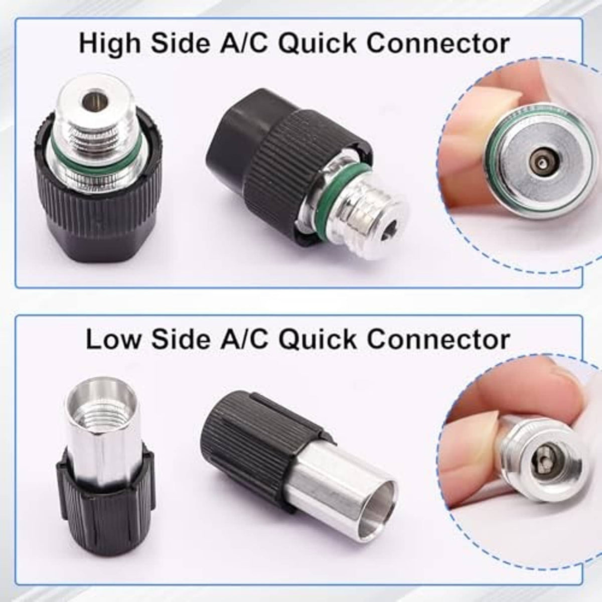 A/C quick connectors for high and low side ports with black housings and metal couplers