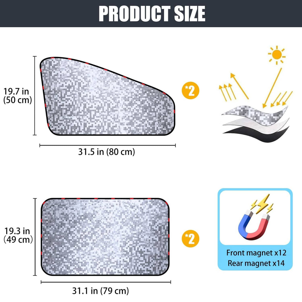 Silver speckled side window shade panels with rounded rectangular shape