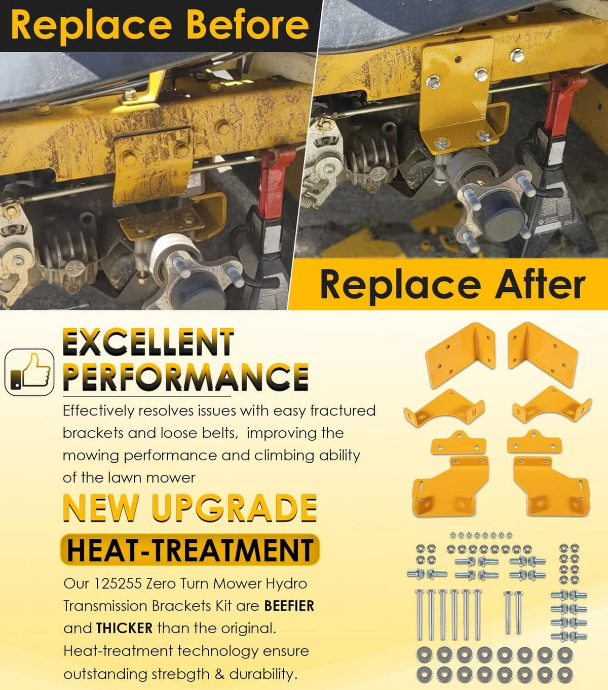 Yellow hydro transmission brackets replacing old parts under mower transmission area.