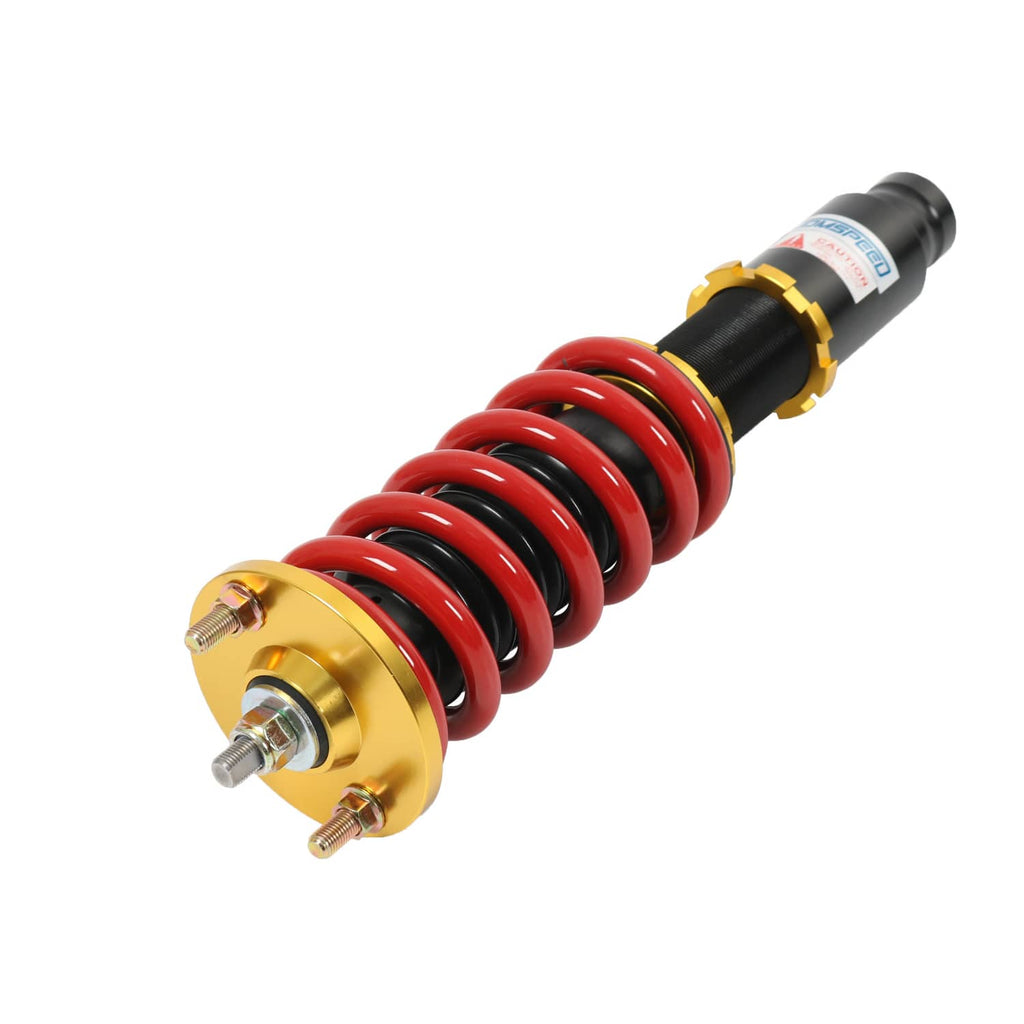 Coilover shock assembly with red spring and gold top plate with hardware