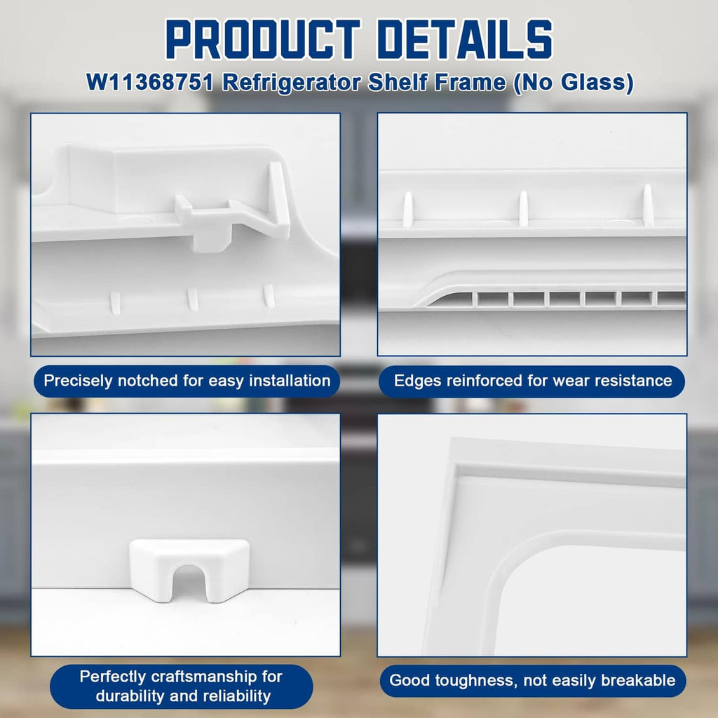 White refrigerator shelf frame without glass, close-up details of edges and notches