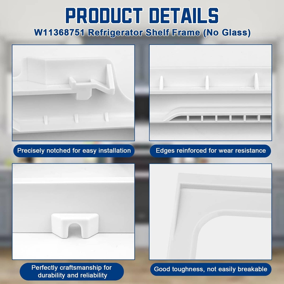 White refrigerator shelf frame without glass, close-up details of edges and notches