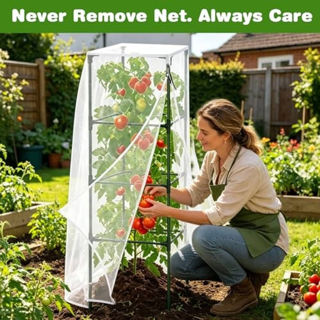 White mesh netting greenhouse cover on tall frame with front zipper door