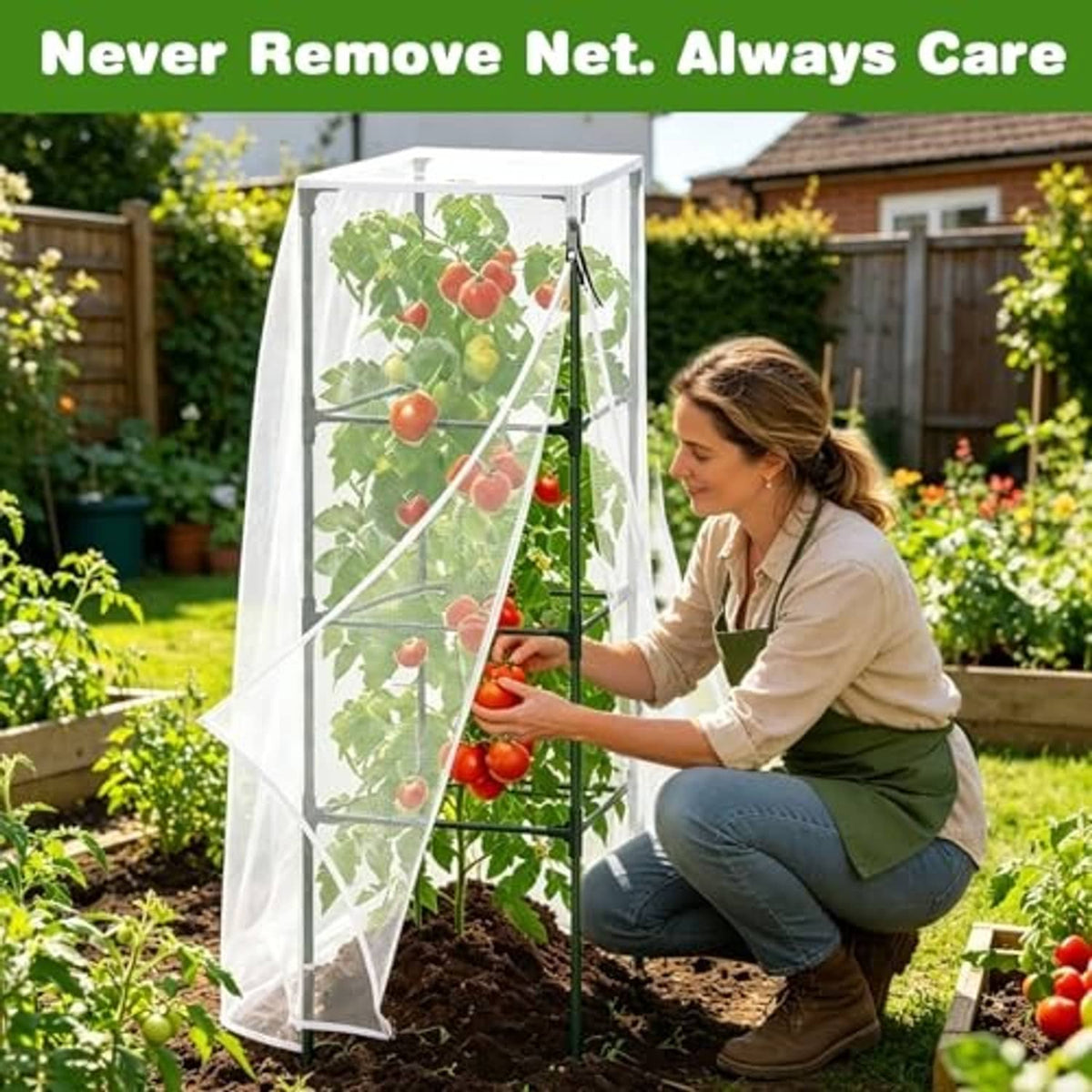 White mesh netting greenhouse cover on tall frame with front zipper door