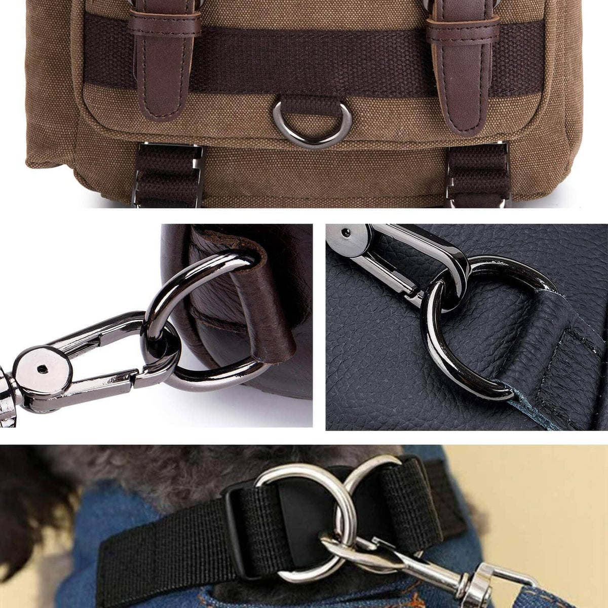 Black D-ring buckle on webbing harness, non-welded metal loop detail