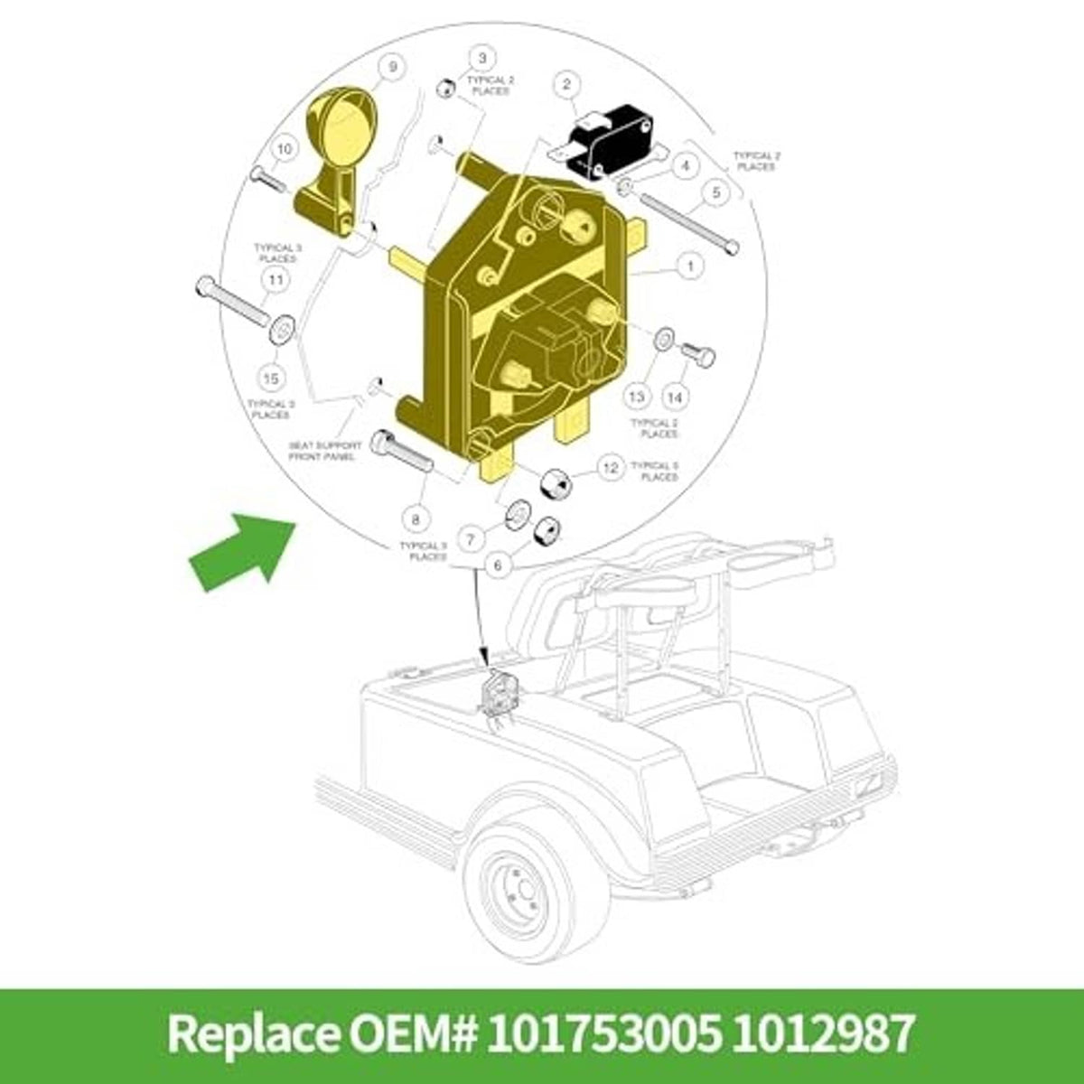 Golf cart forward/reverse switch assembly replacement diagram with numbered components
