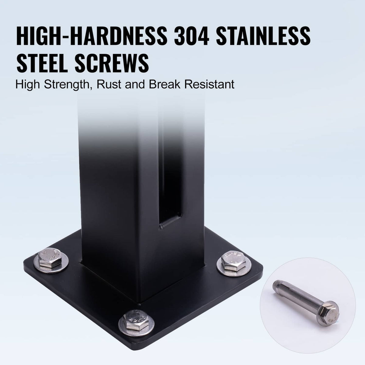 Black glass railing post base with stainless screws and close-up of screw end