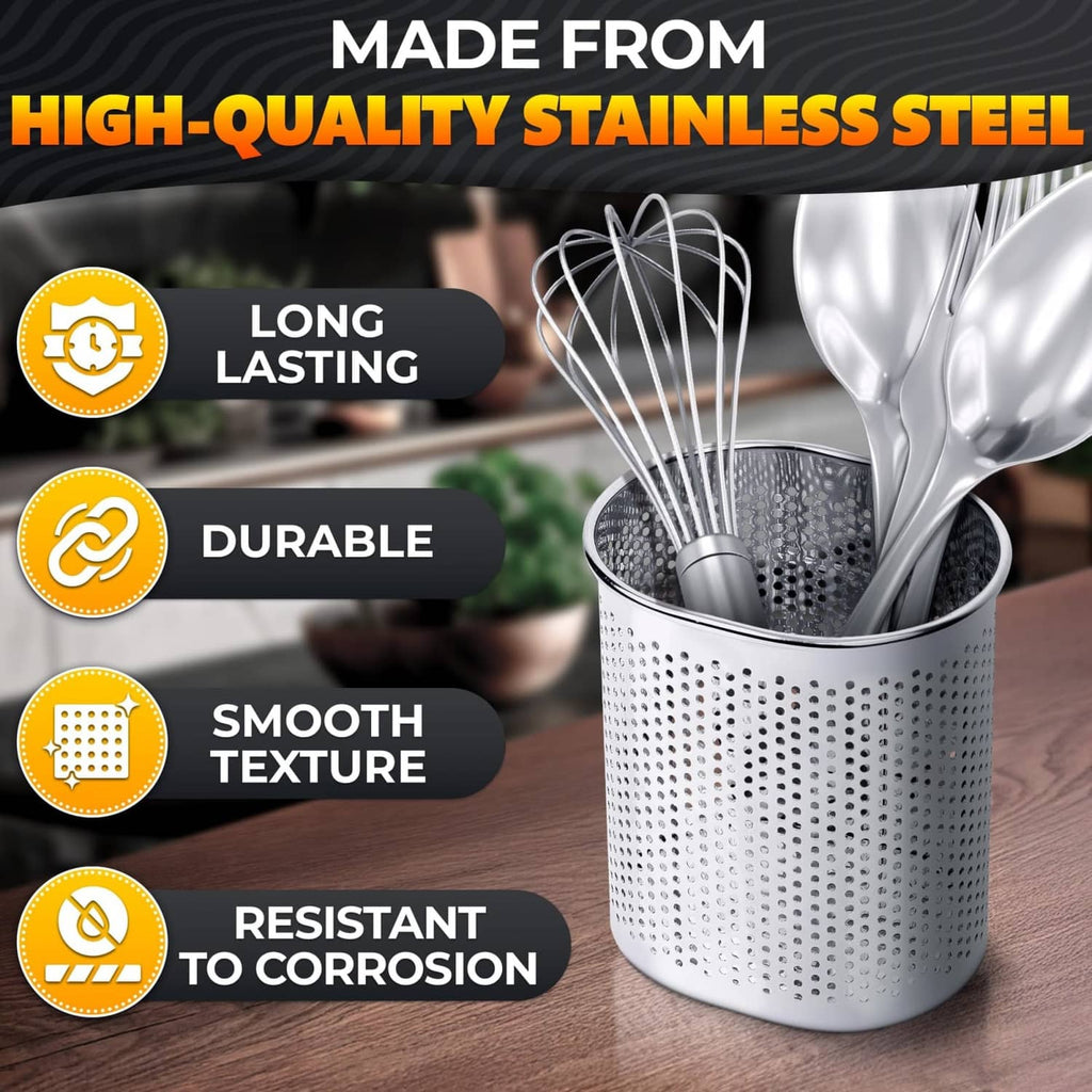 Stainless steel chopstick holder basket with utensils, perforated sides, silver