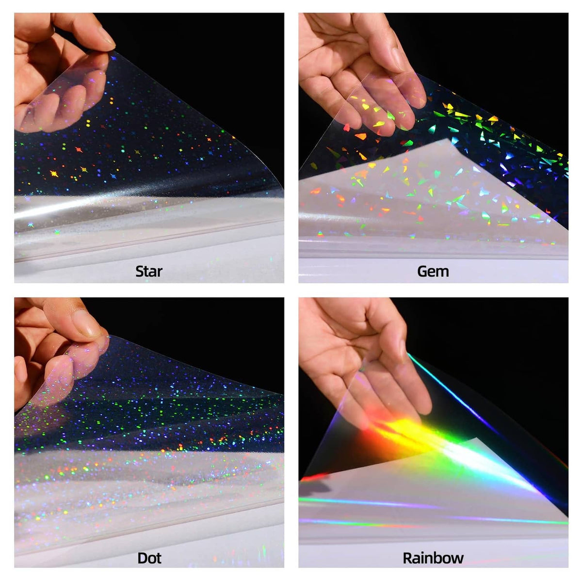 Holographic laminate film sheets showing star, gem, dot, and rainbow patterns