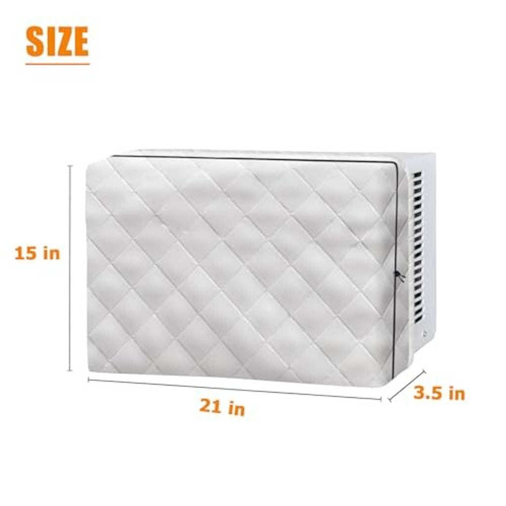 Quilted indoor air conditioner cover with drawstring cord; side opening visible.