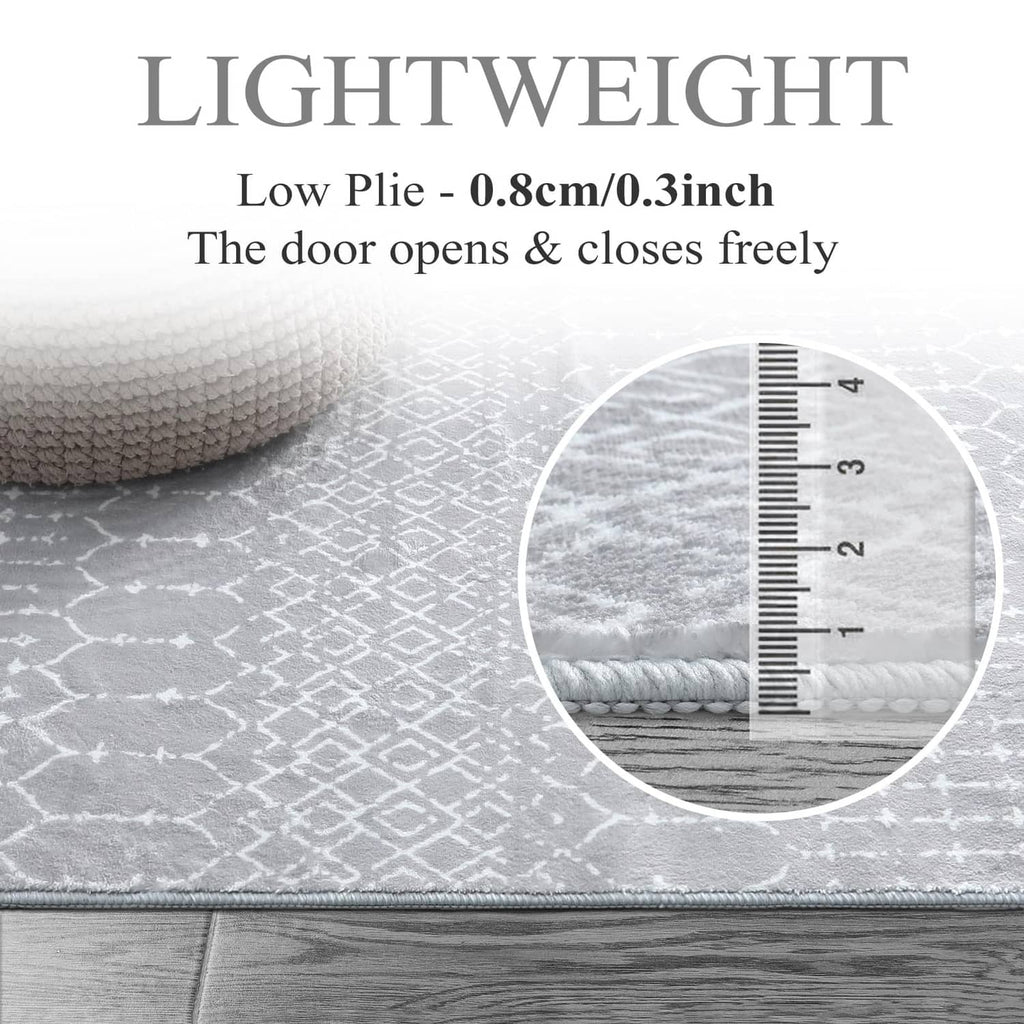 Grey round rug with white geometric trellis pattern; ruler graphic shows low pile