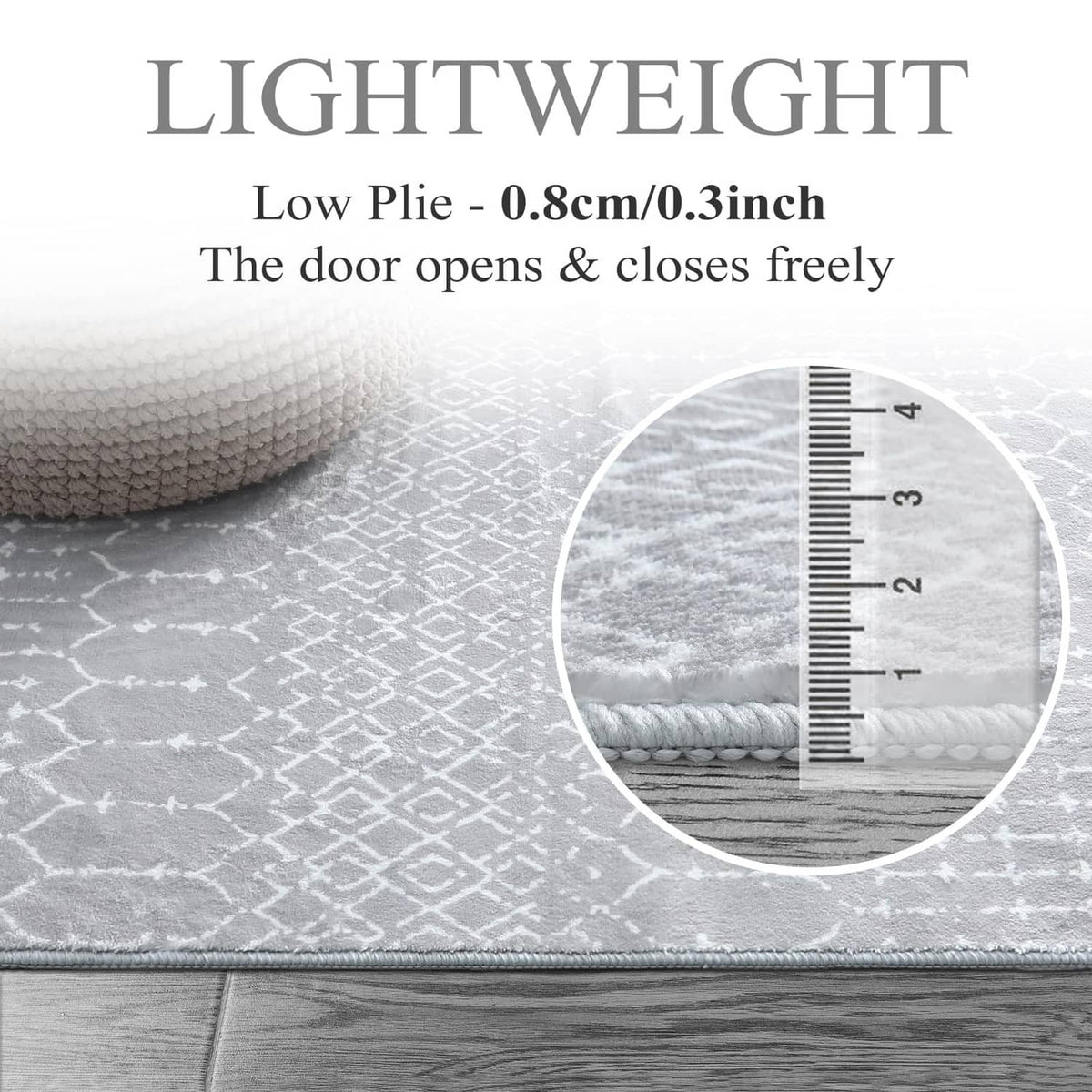 Grey round rug with white geometric trellis pattern; ruler graphic shows low pile