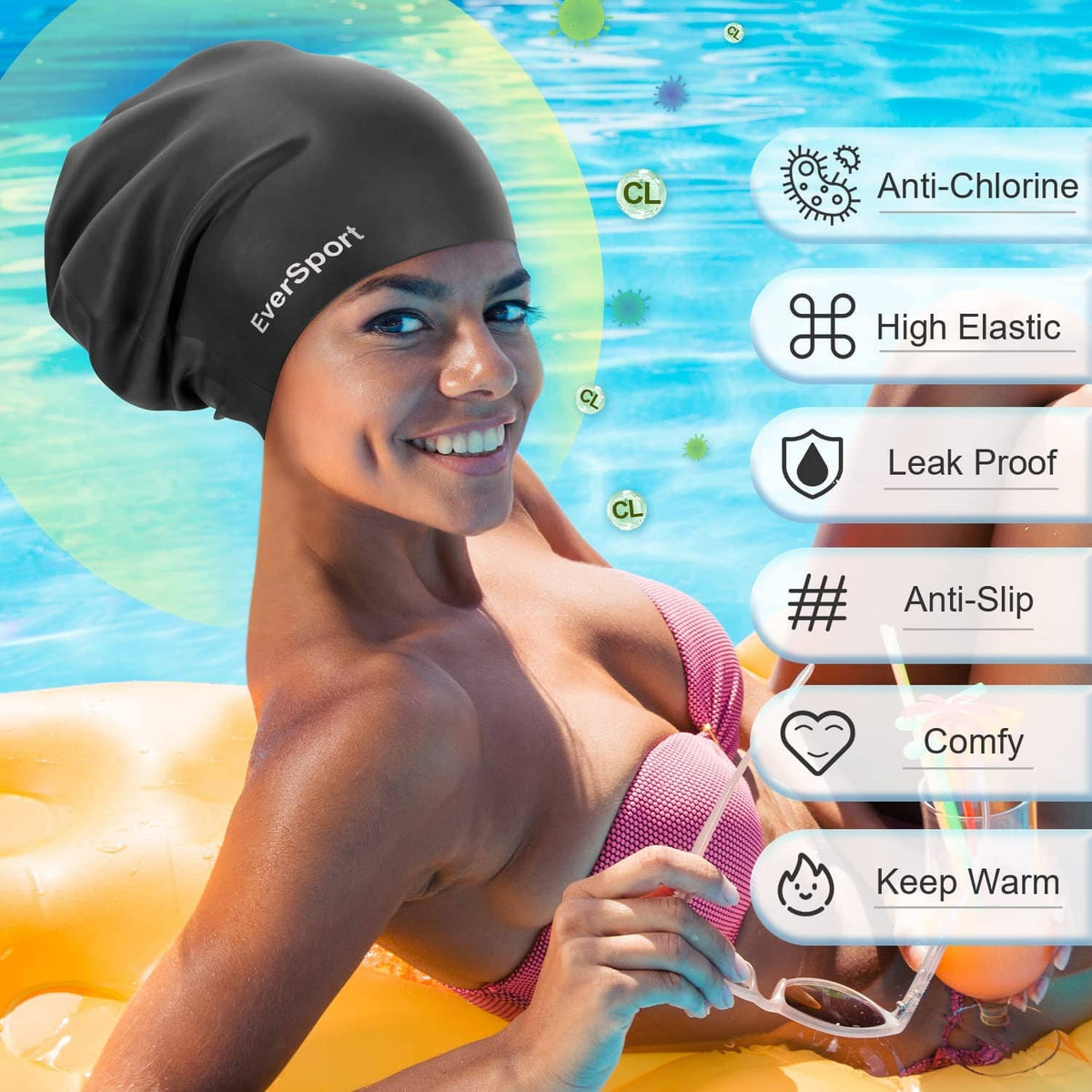 Black EverSport swim cap on swimmer, wide fit for braids and dreadlocks